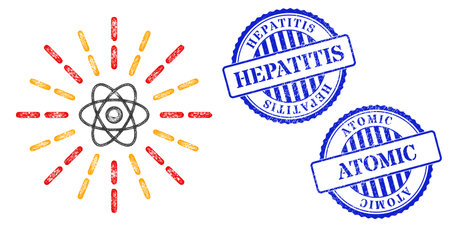 Vector network atomic radiation framework, and Hepatitis blue rosette corroded stamp. Crossed carcass net symbol created from atomic radiation pictogram, created from crossed lines.のイラスト素材