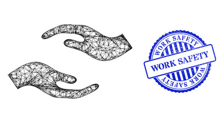 Vector crossing mesh care hands wireframe, and Work Safety blue rosette dirty seal imitation. Wire carcass net illustration designed with care hands icon, is created with crossing lines.のイラスト素材