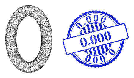 Vector crossing mesh digit zero carcass, and 0.000 blue rosette scratched seal print. Crossed carcass network image designed with digit zero pictogram, made with crossed lines. Blue stamp contains 0.のイラスト素材