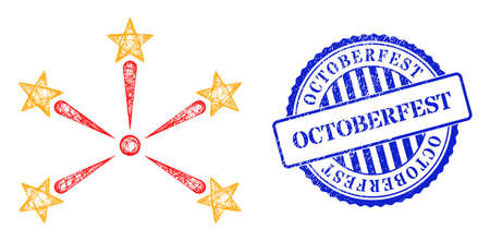 Vector crossing mesh star fireworks carcass, and Octoberfest blue rosette textured seal. Linear carcass network symbol designed with star fireworks icon, created with crossed lines.のイラスト素材