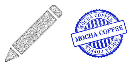 Vector net mesh pencil carcass, and Mocha Coffee blue rosette unclean stamp seal. Crossed carcass net image designed with pencil pictogram, is made with crossing lines.のイラスト素材