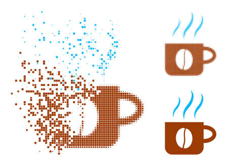 Burst pixelated hot coffee cup glyph with halftone version. Vector wind effect for hot coffee cup pictogram. Pixelated abrasion effect for hot coffee cup gives speed of virtual abstractions.のイラスト素材