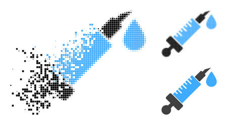 Dust pixelated vaccine icon with halftone version. Vector destruction effect for vaccine icon. Pixel fragmentation effect for vaccine shows movement of virtual concepts.のイラスト素材