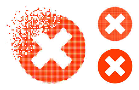 Dissolving dotted delete icon with halftone version. Vector destruction effect for delete pictogram. Pixelated dissipation effect for delete demonstrates speed of virtual matter.のイラスト素材