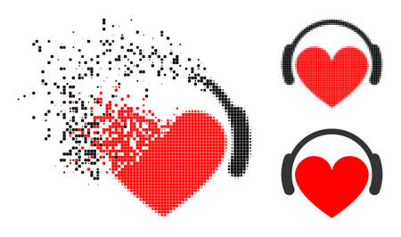 Shredded pixelated love heart headphones pictogram with halftone version. Vector destruction effect for love heart headphones pictogram.のイラスト素材