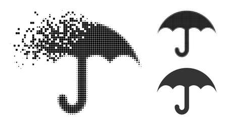 Erosion dotted umbrella icon with halftone version. Vector destruction effect for umbrella icon. Pixelated disintegration effect for umbrella shows movement of virtual abstractions.のイラスト素材
