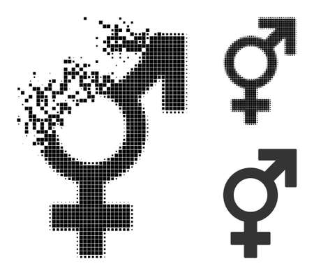 Burst pixelated sex symbol pictogram with halftone version. Vector wind effect for sex symbol icon. Pixelated integration effect for sex symbol shows speed of virtual world.のイラスト素材
