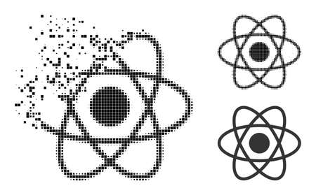 Dissipated pixelated atom icon with halftone version. Vector destruction effect for atom symbol. Pixel dissipation effect for atom gives motion of virtual world.のイラスト素材