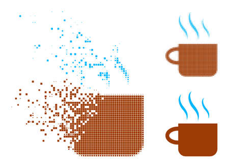 Damaged pixelated hot tea cup glyph with halftone version. Vector destruction effect for hot tea cup symbol. Pixelated destruction process for hot tea cup shows speed of virtual matter.のイラスト素材