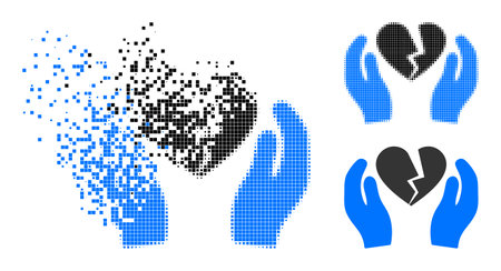 Erosion pixelated broken heart care palms icon with halftone version. Vector wind effect for broken heart care palms icon.のイラスト素材