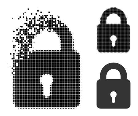 Disappearing dot lock pictogram with halftone version. Vector wind effect for lock pictogram. Pixel dust effect for lock shows speed of virtual concepts.のイラスト素材