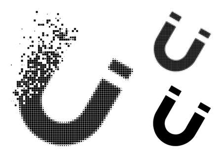 Shredded pixelated horseshoe magnet icon with halftone version. Vector destruction effect for horseshoe magnet icon. Pixelated erosion effect for horseshoe magnet reproduces speed of virtual objects.のイラスト素材