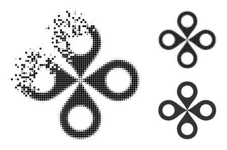 Destructed dotted quadrocopter icon with halftone version. Vector destruction effect for quadrocopter icon. Pixel disintegrating effect for quadrocopter shows speed of virtual abstractions.のイラスト素材