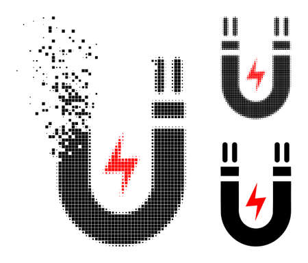 Erosion dot magnetic power icon with halftone version. Vector wind effect for magnetic power pictogram. Pixel disappearing effect for magnetic power demonstrates motion of virtual items.のイラスト素材