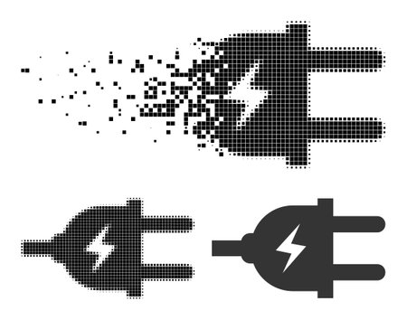 Disintegrating pixelated electric plug pictogram with halftone version. Vector wind effect for electric plug pictogram. Pixelated creation effect for electric plug reproduces motion of virtual items.のイラスト素材
