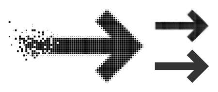 Destructed dotted direction arrow pictogram with halftone version. Vector wind effect for direction arrow pictogram. Pixel dissolving effect for direction arrow gives speed of cyberspace world.のイラスト素材