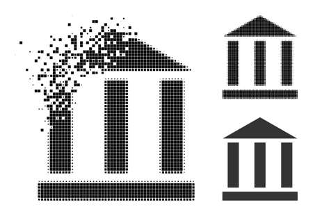 Destructed pixelated library building icon with halftone version. Vector wind effect for library building icon. Pixelated explosion effect for library building reproduces speed of virtual world.のイラスト素材