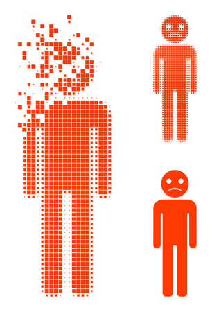 Fractured dot sad person icon with halftone version. Vector destruction effect for sad person icon. Pixel dissolving effect for sad person shows motion of cyberspace abstractions.のイラスト素材