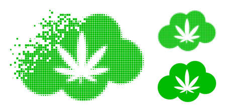 Dissipated dot cannabis smoke pictogram with halftone version. Vector destruction effect for cannabis smoke icon. Pixelated mist effect for cannabis smoke demonstrates motion of virtual things.のイラスト素材
