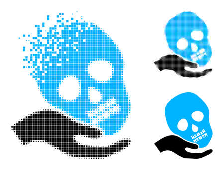 Fragmented pixelated hand holds skull icon with halftone version. Vector destruction effect for hand holds skull icon.のイラスト素材
