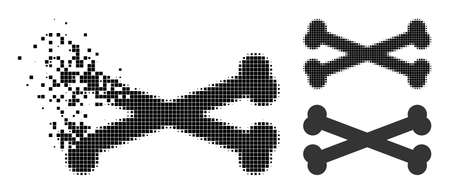 Shredded pixelated bones pictogram with halftone version. Vector destruction effect for bones pictogram. Pixelated dissolution process for bones gives movement of virtual concepts.のイラスト素材