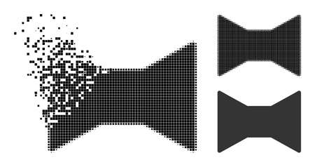 Destructed pixelated tie bow glyph with halftone version. Vector destruction effect for tie bow icon. Pixelated disappearing effect for tie bow reproduces motion of virtual things.のイラスト素材