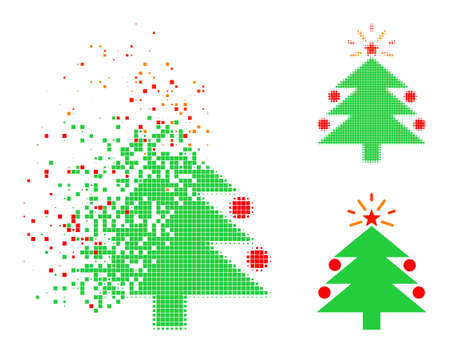 Dissolving dot christmas fir tree glyph with halftone version. Vector wind effect for christmas fir tree pictogram. Pixel disappearing effect for christmas fir tree reproduces speed of virtual world.のイラスト素材