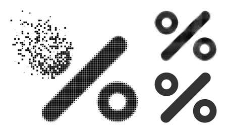 Broken dot percent icon with halftone version. Vector destruction effect for percent icon. Pixel disappearing effect for percent reproduces movement of virtual world.のイラスト素材
