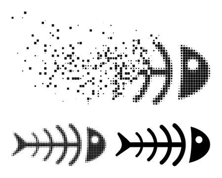 Fragmented pixelated dead fish pictogram with halftone version. Vector destruction effect for dead fish pictogram. Pixel disappearing effect for dead fish demonstrates motion of virtual matter.のイラスト素材