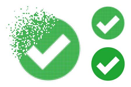 Fractured dot valid pictogram with halftone version. Vector destruction effect for valid symbol. Pixel creation effect for valid demonstrates motion of virtual items.のイラスト素材