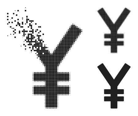 Dispersed dotted yen icon with halftone version. Vector destruction effect for yen icon. Pixel explosion effect for yen demonstrates movement of virtual world.のイラスト素材
