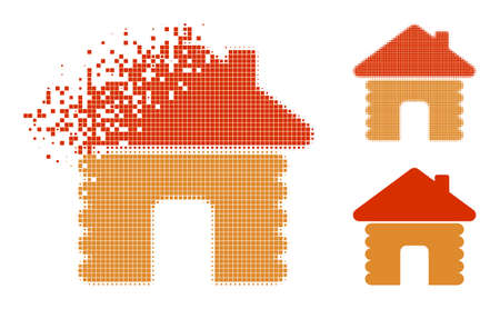 Erosion pixelated wooden house icon with halftone version. Vector wind effect for wooden house icon. Pixel disappearing process for wooden house shows movement of virtual objects.のイラスト素材