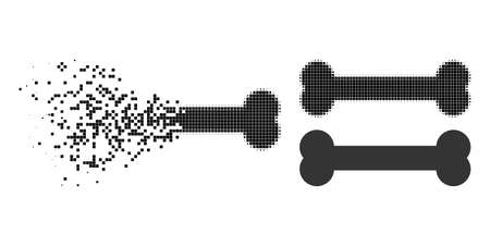 Shredded pixelated bone glyph with halftone version. Vector destruction effect for bone icon. Pixelated mist effect for bone reproduces speed of cyberspace items.のイラスト素材
