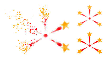 Dissolving pixelated star fireworks pictogram with halftone version. Vector destruction effect for star fireworks symbol.のイラスト素材