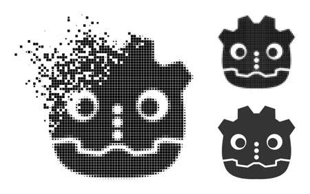 Dissolving pixelated robot head pictogram with halftone version. Vector wind effect for robot head pictogram. Pixelated dissolution process for robot head reproduces movement of virtual items.のイラスト素材