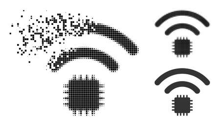 Shredded pixelated radio sensor pictogram with halftone version. Vector wind effect for radio sensor pictogram. Pixelated degradation process for radio sensor gives speed of cyberspace abstractions.のイラスト素材