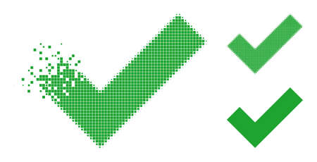 Decomposed dot apply tick icon with halftone version. Vector destruction effect for apply tick icon. Pixelated fragmentation effect for apply tick shows speed of virtual objects.のイラスト素材