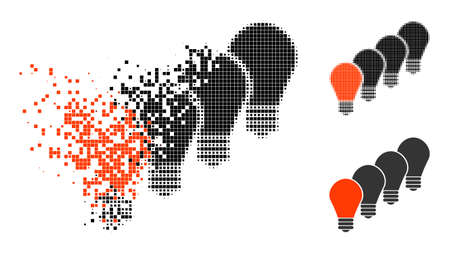 Disintegrating dotted lamp bulbs icon with halftone version. Vector wind effect for lamp bulbs icon. Pixelated disintegration effect for lamp bulbs demonstrates movement of virtual things.のイラスト素材