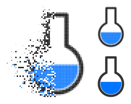 Broken pixelated flask glyph with halftone version. Vector destruction effect for flask pictogram. Pixel disappearing effect for flask demonstrates speed of cyberspace matter.のイラスト素材