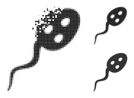 Disintegrating pixelated vibrion microbe icon with halftone version. Vector destruction effect for vibrion microbe icon. Pixelated dust effect for vibrion microbe gives motion of cyberspace things.のイラスト素材
