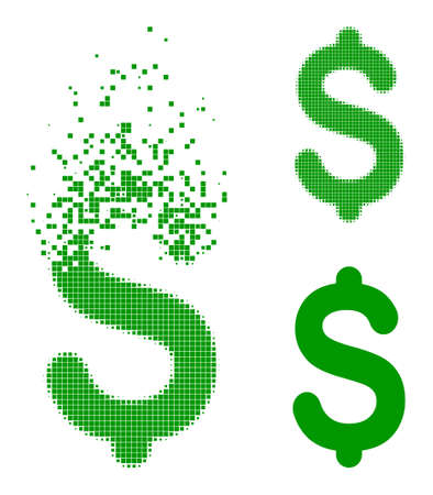 Decomposed pixelated dollar price icon with halftone version. Vector wind effect for dollar price icon. Pixel creation effect for dollar price demonstrates motion of cyberspace objects.のイラスト素材