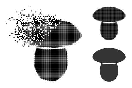 Disappearing pixelated mushroom glyph with halftone version. Vector destruction effect for mushroom icon. Pixelated dematerialization effect for mushroom demonstrates motion of virtual world.のイラスト素材