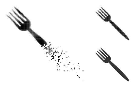 Decomposed pixelated fork pictogram with halftone version. Vector destruction effect for fork icon. Pixelated abrasion effect for fork reproduces movement of virtual things.のイラスト素材