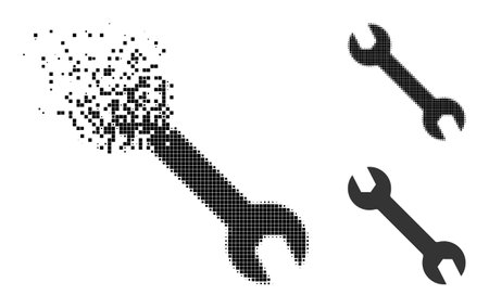 Destructed dotted spanner pictogram with halftone version. Vector wind effect for spanner icon. Pixelated disappearing effect for spanner demonstrates movement of cyberspace matter.のイラスト素材