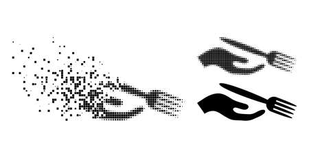 Shredded dotted dining etiquette pictogram with halftone version. Vector wind effect for dining etiquette pictogram.のイラスト素材