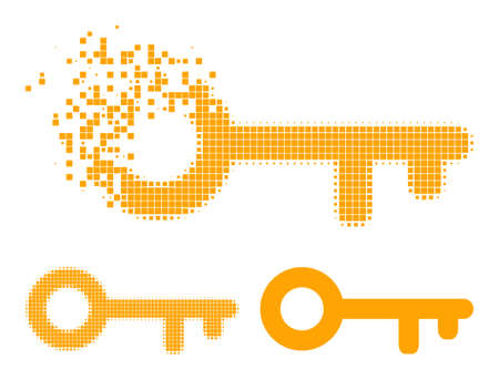 Destructed pixelated key pictogram with halftone version. Vector destruction effect for key pictogram. Pixelated creation effect for key shows motion of cyberspace concepts.のイラスト素材