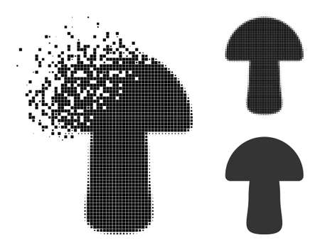 Dissolved pixelated mushroom pictogram with halftone version. Vector destruction effect for mushroom pictogram. Pixelated explosion effect for mushroom demonstrates speed of virtual matter.のイラスト素材