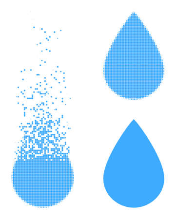 Broken pixelated water drop pictogram with halftone version. Vector wind effect for water drop pictogram. Pixelated abrasion effect for water drop gives speed of virtual things.のイラスト素材
