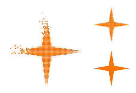 Disappearing pixelated space star pictogram with halftone version. Vector wind effect for space star symbol. Pixelated explosion effect for space star reproduces movement of virtual matter.のイラスト素材