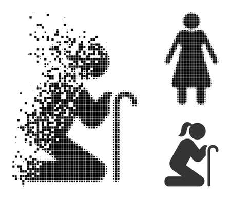 Disappearing pixelated old woman pictogram with halftone version. Vector destruction effect for old woman pictogram. Pixelated dissolution effect for old woman shows motion of cyberspace concepts.のイラスト素材